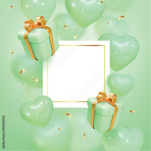 Green 3d gift boxes and white banner. Closed presents realistic vector icons Spring sale and promotion background with copy space. Cute hearts.