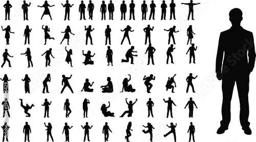collection of human silhouettes, diverse people poses, standing man figure, body language icons, crowd gestures, vector style illustration isolated set