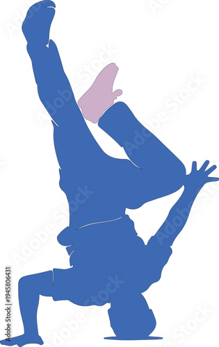 Silhouette of a person doing a handstand with one hand raised
