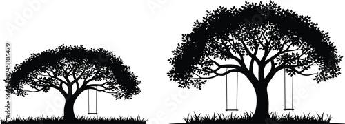 Tree with swing silhouette in nature landscape, peaceful park scenery, childhood nostalgia concept, black silhouette illustration isolated