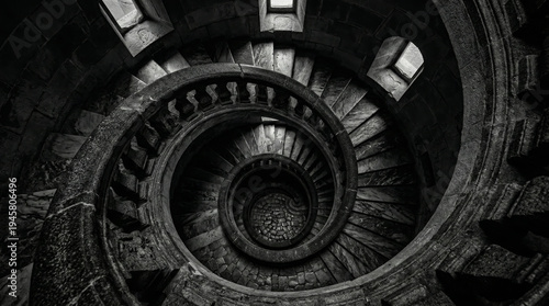 Dark monochrome spiral staircase in gothic stone architecture, golden ratio and Fibonacci pattern with dramatic shadows. Fictional, Non-existent architecture (Ai Generated)