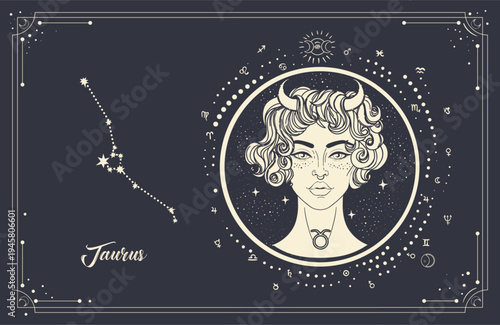 Vector line art of Taurus zodiac woman with sacred geometry and constellation map. Mystical astrology illustration inspired by new age spirituality, horoscope symbolism and modern divination.