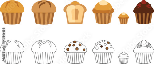 Cupcake and Muffin Illustration Set with Sweet Bakery Desserts Chocolate Vanilla and Fruit Topped Cupcakes Collection