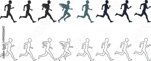 Running Motion Sequence Illustration with Winged Runner Showing Step by Step Athlete Movement Frames for Speed and Fitness Concept