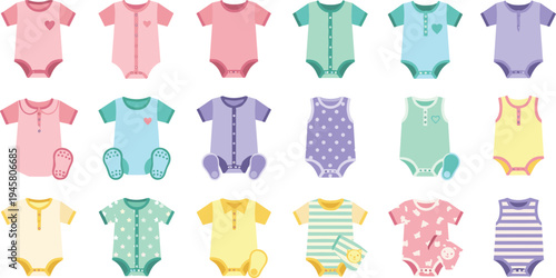 Baby Bodysuit and Onesie Clothing Illustration Set with Newborn Rompers Socks and Cute Infant Apparel Collection