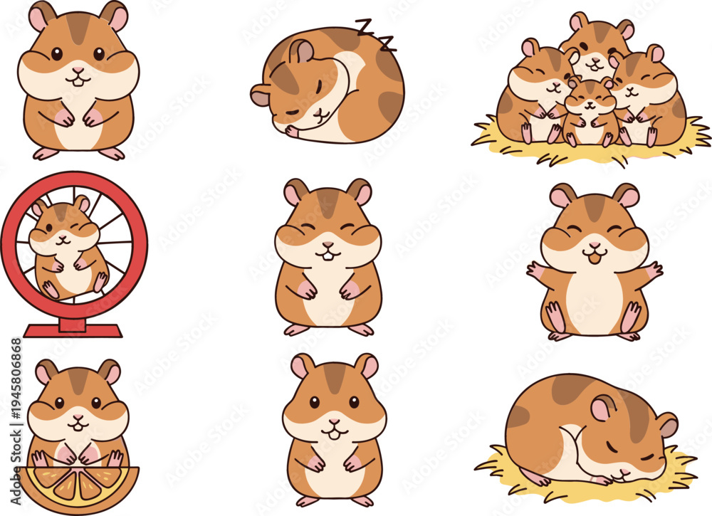 Obraz premium Cute Hamster Cartoon Character Set with Sleeping, Running Wheel, Eating, and Family Hamsters in Adorable Animal Poses for Kids, Pets, and Mascot Designs