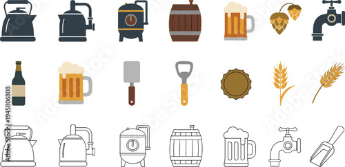Beer Brewing and Craft Brewery Equipment Icon Set with Kettle Barrel Hop Cones Beer Mug Bottle and Brewing Tools