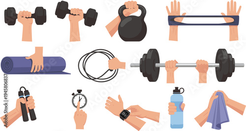 Gym fitness equipment collection with dumbbells kettlebell barbell resistance band jump rope yoga mat vector illustration set
