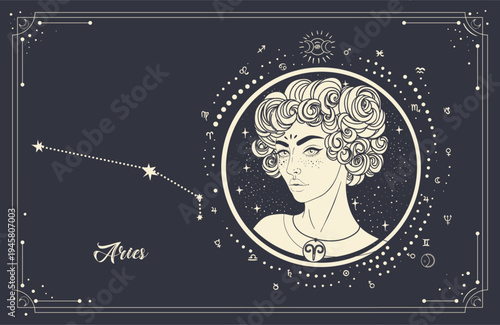 Vector line art of Aries zodiac woman with sacred geometry and star map. Modern mystical astrology illustration in black and white, inspired by new age spirituality, oracle symbolism and horoscope
