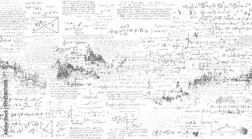 Handwritten mathematical formulas and diagrams on a white background with a distressed texture mathematics