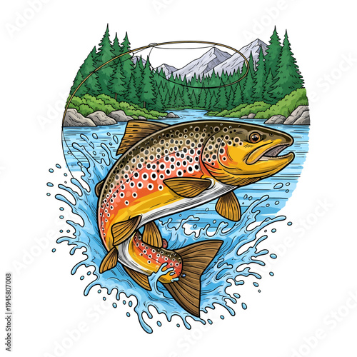 Brown trout jumping out of water with mountain and forest background vintage vector illustration