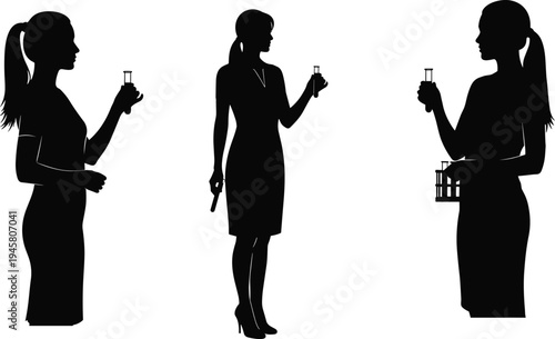 Female scientist silhouettes holding test tubes, women laboratory researchers, medical science experiment concept, chemistry lab analysis, biotechnology research professionals