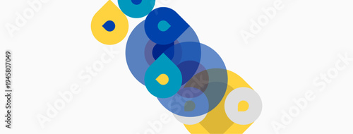 Abstract circles overlap, creating layered shapes. Blue, yellow hues dominate white background. Minimalist design, modern aesthetic.