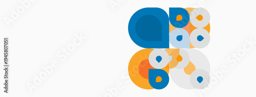 Abstract circles overlap, creating dynamic composition. Blue, orange, white hues dominate simple design. Modern, playful aesthetic.