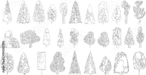 Collection of black and white line of various trees and shrubs plant