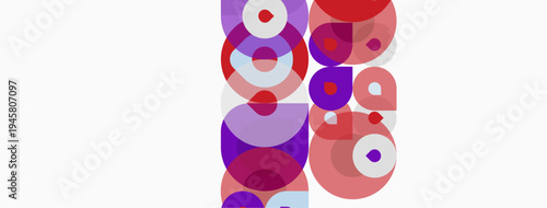 Abstract composition featuring overlapping circles, varying shades purple, pink, white. Minimalist design, modern aesthetic.