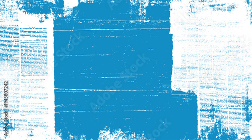 Blue distressed overlay with text fragments. Textured background with abstract shapes and scattered dots. Grungy paper effect with visible print marks