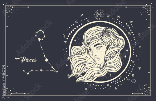 Vector line art of Pisces zodiac woman with sacred geometry and constellation map. Dreamlike mystical astrology illustration inspired by intuition, cosmic symbolism and new age spirituality.