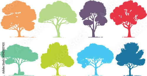 Eight colorful tree silhouettes in a grid pattern orange green purple red teal yellow blue dark blue