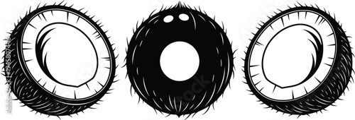 Set of Three Black Coconut Fruit Silhouettes with Half and Whole Shells Vector Illustration Isolated on White Background for Tropical Logo Design