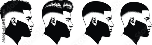 Modern men fade haircut collection, stylish barber hairstyle silhouettes, side profile trendy grooming, barbershop vector illustration, male haircuts fashion set