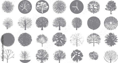 Collection of diverse grey tree silhouettes in circular and natural forms