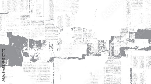 Faded newspaper print with distressed grey ink smudges and textured paper background vintage grunge