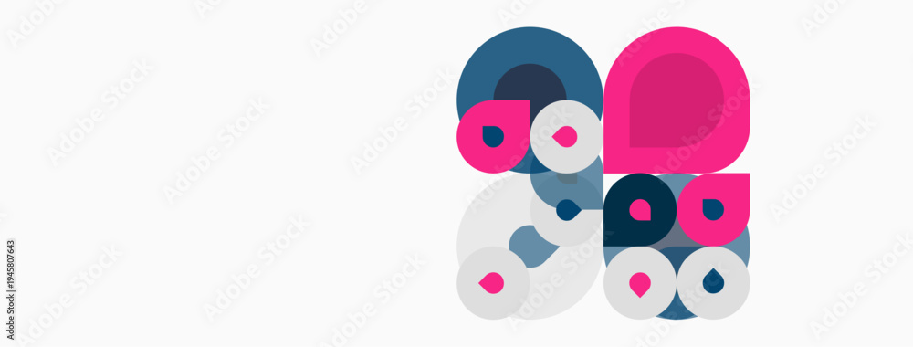 Fototapeta premium Abstract composition features overlapping circles. Pink, blue, white hues create playful visual texture. Minimalist design, modern aesthetic.