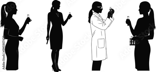 Female scientist silhouettes, women laboratory researchers holding test tubes, medical science experiment concept, chemistry lab analysis, biotechnology research professionals