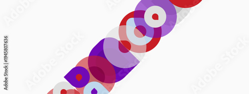 Abstract composition featuring overlapping circles. Purple, pink, white hues dominate design. Diagonal arrangement creates dynamic visual flow.