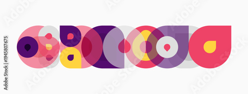 Abstract colorful circles overlap creating playful pattern. Shapes vary size, hue, texture. Modern design element.