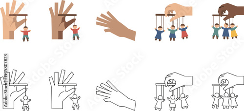 Hand Manipulation and Social Control Illustration Set with Puppet Strings Controlling People Authority Influence Concept