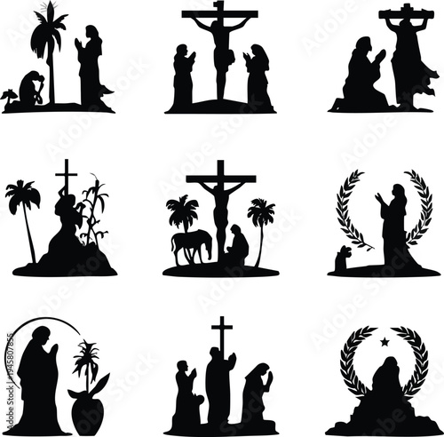 Collection of various christian silhouette icons depicting scenes from the life of jesus christ and other biblical figures