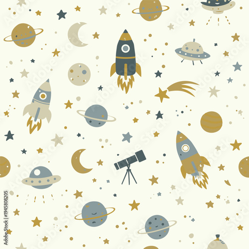 Space Tiny Pattern Galaxy Hand Drawn Planets Solar System Rocket Spaceship Stars Kids Children Star Cosmic Explore Vector Print Design