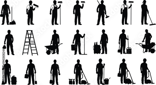 Silhouette workers with construction tools, cleaning equipment, teamwork labor force, industrial maintenance