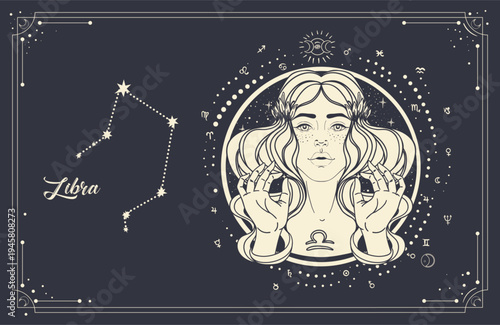 Vector line art of Libra zodiac woman with sacred geometry and constellation chart. Modern mystical astrology illustration connected with harmony, horoscope symbolism and new age spirituality.