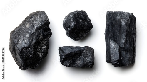 Raw Black Coal Chunks on a White Background.