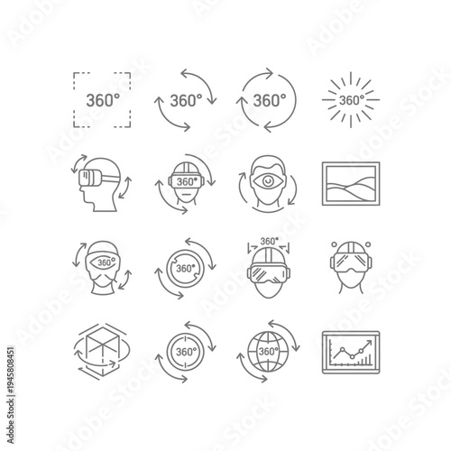 Icons representing 360 degree views of various objects and perspectives