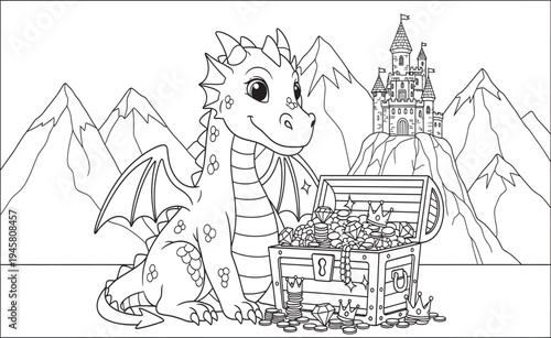 Dragon sitting on treasure chest coloring page for kids