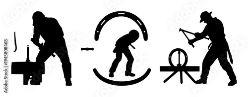 Farrier set with a silhouette of a man hammering a horseshoe featuring blacksmith, tradesman, craftsman with a hammer and anvil