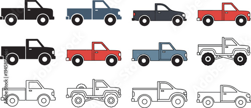 Pickup Truck Vehicle Illustration Set with Flat Color and Outline Styles Showing Different Utility Transport Truck Designs