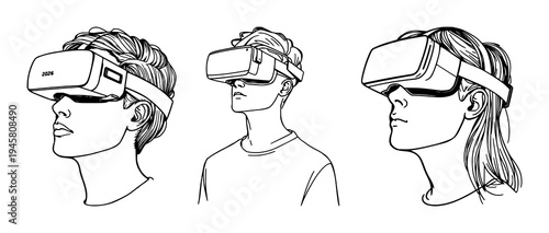 AR headset set with continuous line drawing featuring lightweight, futuristic, tech lifestyle with fluid strokes and white background