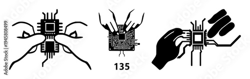 Hands assembling circuit set with minimalist pictogram design featuring technology, electronics, assembly process with engineering and manufacturing