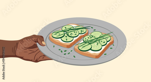 Close up of a person holding a grey plate with two slices of healthy cucumber toast garnished with fresh chives.