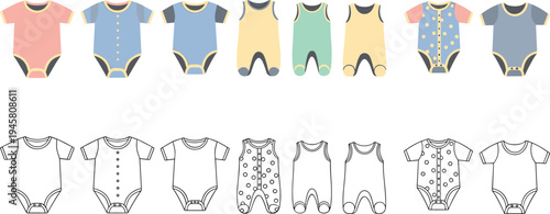Baby Clothes Bodysuit and Onesie Illustration Set with Infant Rompers Newborn Outfit Designs and Cute Kids Apparel Collection