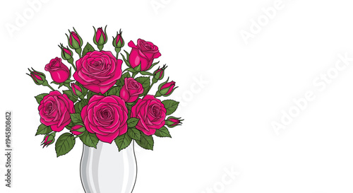 Lush bouquet of vibrant pink roses with buds and green leaves arranged in a classic white ceramic vase on white background.