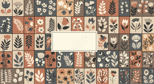Patterned background made of small rectangular tiles featuring various colorful botanical and floral illustrations.