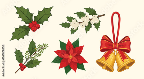 Christmas decoration set featuring holly branches, red poinsettia flower, white berries, and golden bells with a red bow.