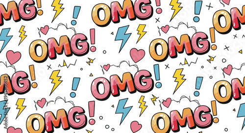 Seamless comic style pattern with the text omg in pink bubbles, yellow lightning bolts, hearts, and decorative elements.