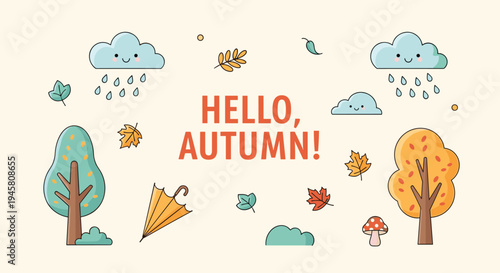Autumn themed illustration with hello autumn text surrounded by falling leaves, trees, mushrooms, umbrellas, and clouds.